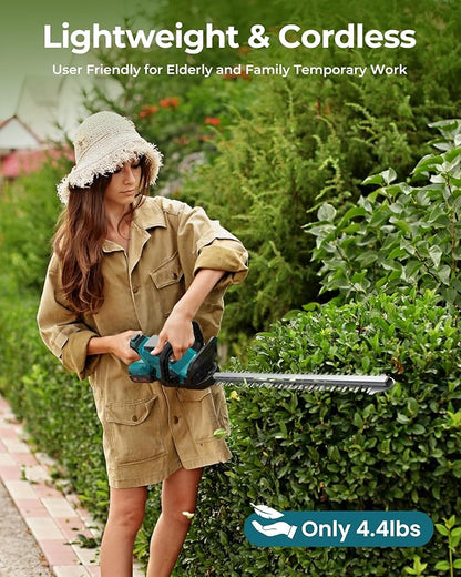 20'' Hedge Trimmer Cordless with Battery, Electric Handheld Bush Clipper with 2 Pack Rechargeable Batteries, 3000RPM 180° Rotatable Head, 2/3'' Blade Gap
