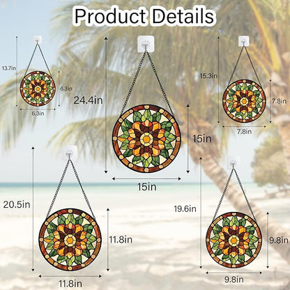 Stained Glass Window Hanging - Yellow Green Boho Style Flowers Sun Catcher for Door Garden Home Decor Suncatcher Christmas Mother's Day Birthday Gifts for Women Mom Girl Nana Friend 11.8 in