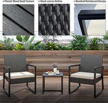 3 Pieces Outdoor Patio Set -Wicker Rattan Chair Conversation Set with Glass Table for Poolside Yard Rocking Chair Set for Bistro Garden Front Porch All Weather Patio Furniture Set