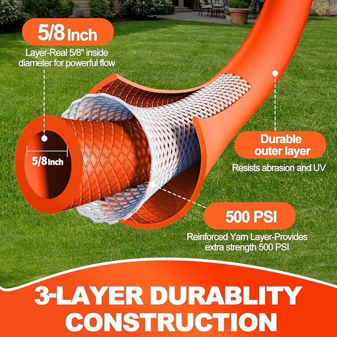 YOTOO Heavy Duty Hybrid Garden Water Hose 5/8-Inch by 100-Feet 150 PSI Kink Resistant, Flexible with Swivel Grip Handle and 3/4" GHT Solid Brass Fittings, Orange