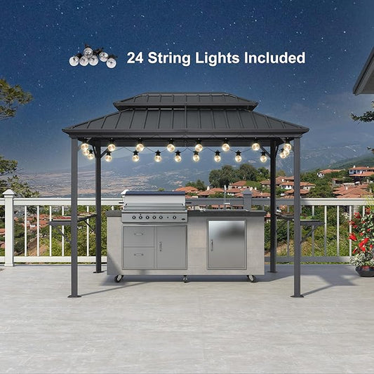 PURPLE LEAF 6.5' X 10' Hardtop Grill Gazebo for Patio Aluminum Barbeque Canopy with 24 Clear Light Bulbs and Shelves Double Tiered Grey Outdoor BBQ Gazebo