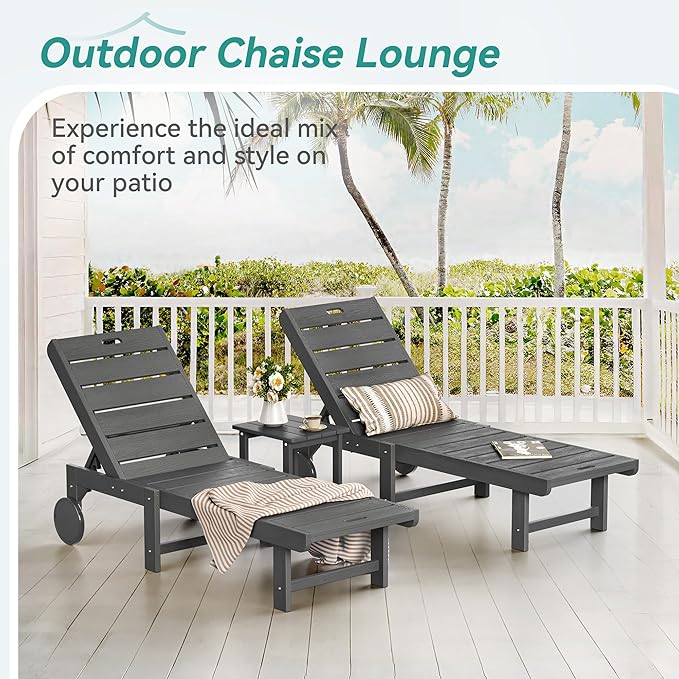 Outdoor Chaise Lounge Chairs Set of 4, 26.8” Super Wide Lounge Chair Outdoor, HDPS Pool Chairs with 5 Positions, Patio Lounge Chair with Wheels for Pool,Lawn,Backyard, Dark Gray