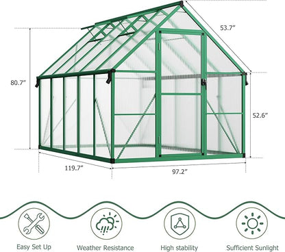 8x10 FT Outdoor Greenhouse, Polycarbonate Greenhouse with Roof Vent and Ground Nails, Aluminum Large Walk-in Green House w/Lockable Push Door for Outside Garden Backyard (Green, 8x10 FT)