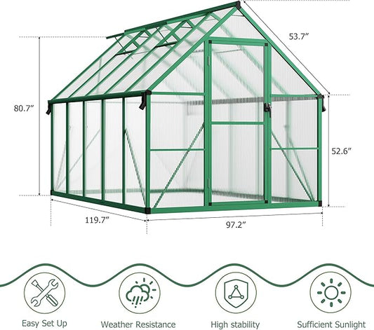 8x10 FT Outdoor Greenhouse, Polycarbonate Greenhouse with Roof Vent and Ground Nails, Aluminum Large Walk-in Green House w/Lockable Push Door for Outside Garden Backyard (Green, 8x10 FT)