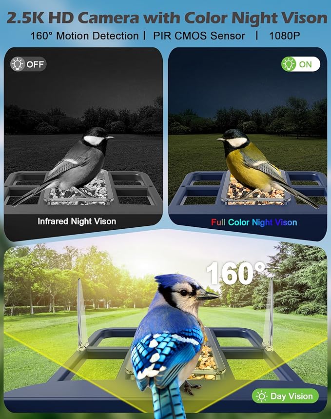 Smart Bird Feeder with Camera Solar Powered, 2.5K Live Video Bird House Camera, AI Identifies, Auto Capture & Notify, Motion Detection, Cloud Storage, Color Night Vision, Ideal Gift for Bird Watching