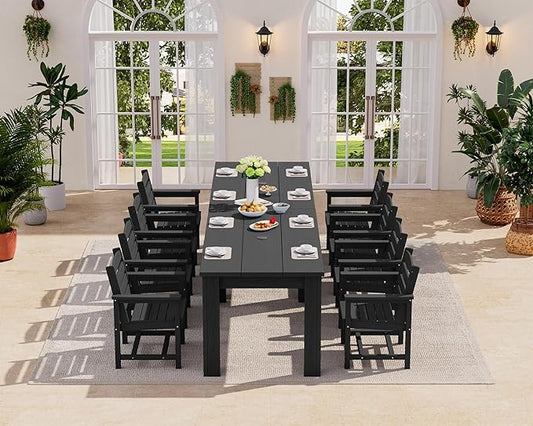 SERWALL Patio Dining Sets for 8, Outdoor Dining Sets for 8 Person with 2 Umbrella Hole Cut-Out Rectangular Tables and 8 Chairs, HDPE Dining Sets for Garden, Backyard, Poolside, Black