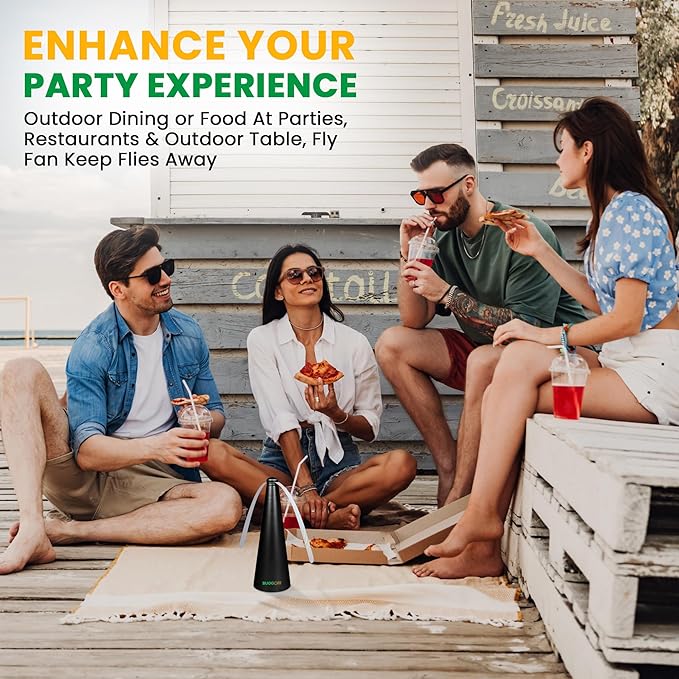 BUGGOFF Black Fly & Flying Insect Repellent Fan with Twin Blades, Table top & Hangable, Battery Powered USB C Chargeable, Cable Included. Safe Blades with Auto Stop. 4 Pack