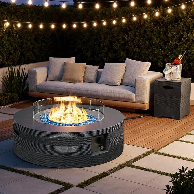 UPHA 42-inch Outdoor Propane Gas Fire Pit Table 50000 BTU Concrete Rectangle FirePit for Outside Patio with Propane Tank Cover, Wind Guad, Navyblue Fire Glass, Rain Cover, Grey Texture