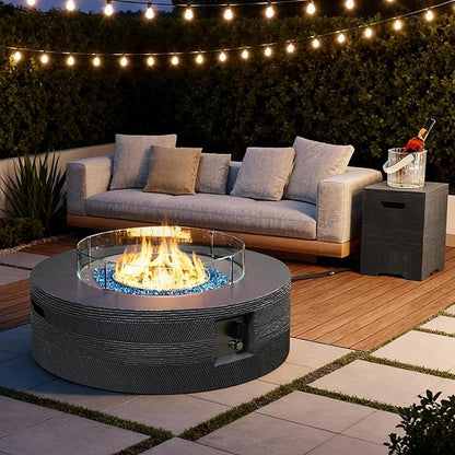 UPHA 42-inch Outdoor Propane Gas Fire Pit Table 50000 BTU Concrete Rectangle FirePit for Outside Patio with Propane Tank Cover, Wind Guad, Navyblue Fire Glass, Rain Cover, Grey Texture