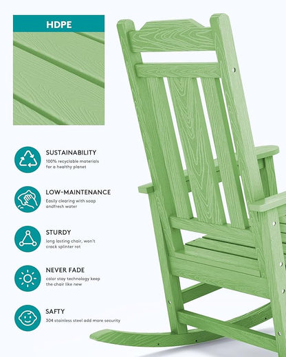 SERWALL Outdoor Rocking Chair, Patio Rocking Chairs for Porch, HDPE Rocking Chair Outdoor for Adults, Heavy Duty Front Porch Rocker, Mint