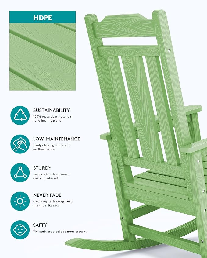 SERWALL Outdoor Rocking Chair Set of 2, Patio Rocking Chairs Set, HDPE Rocking Chair Outdoor for Adults, Heavy Duty Front Porch Rocker, Mint