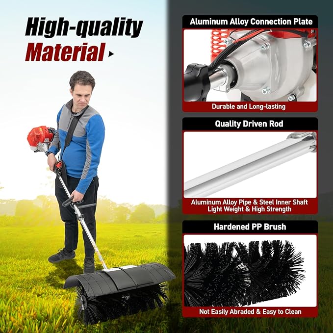 Gas Handheld Sweeper, 52CC 2 Stroke 2.3hp Engine Power Snow Sweeping Grass Handheld Sweeper Power Broom Portable Gas Power Walk Behind Sweeper for Sweeping Driveway Grass Patio Snow Clean