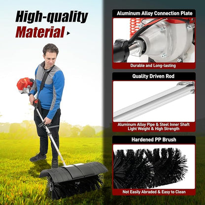 Gas Handheld Sweeper, 52CC 2 Stroke 2.3hp Engine Power Snow Sweeping Grass Handheld Sweeper Power Broom Portable Gas Power Walk Behind Sweeper for Sweeping Driveway Grass Patio Snow Clean