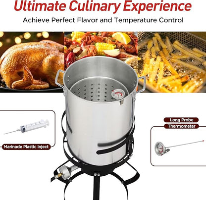 Red Mountain Valley 30Qt Turkey Fryer with Propane Burners for Outdoor Cooking, Aluminum Turkey Fryer Pot Basket, Propane Deep Fryer, Seafood Boil with Spigot,Timer, Marinade Injector, Turkey Rack