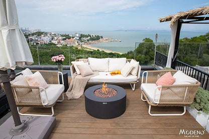 AMS Fireplace | Modeno Venice Package | Black Natural Gas Fire Pit Table for Outside Patio Bundle with Wind Guard, and SS Burner Lid | Free Rubber Mat & Ice Bucket