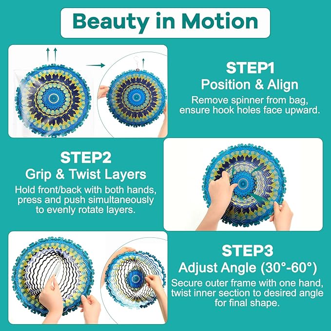 12 Inch Mandala Wind Spinners with Gazing Ball Spiral Tail, Outdoor 3D Stainless Steel Hanging Spinner Mandala Wind Catchers Sculpture for Indoor Outdoor Garden Yard Decoration(Blossom)