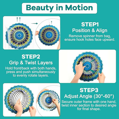 12 Inch Mandala Wind Spinners with Gazing Ball Spiral Tail, Outdoor 3D Stainless Steel Hanging Spinner Mandala Wind Catchers Sculpture for Indoor Outdoor Garden Yard Decoration(Blossom)