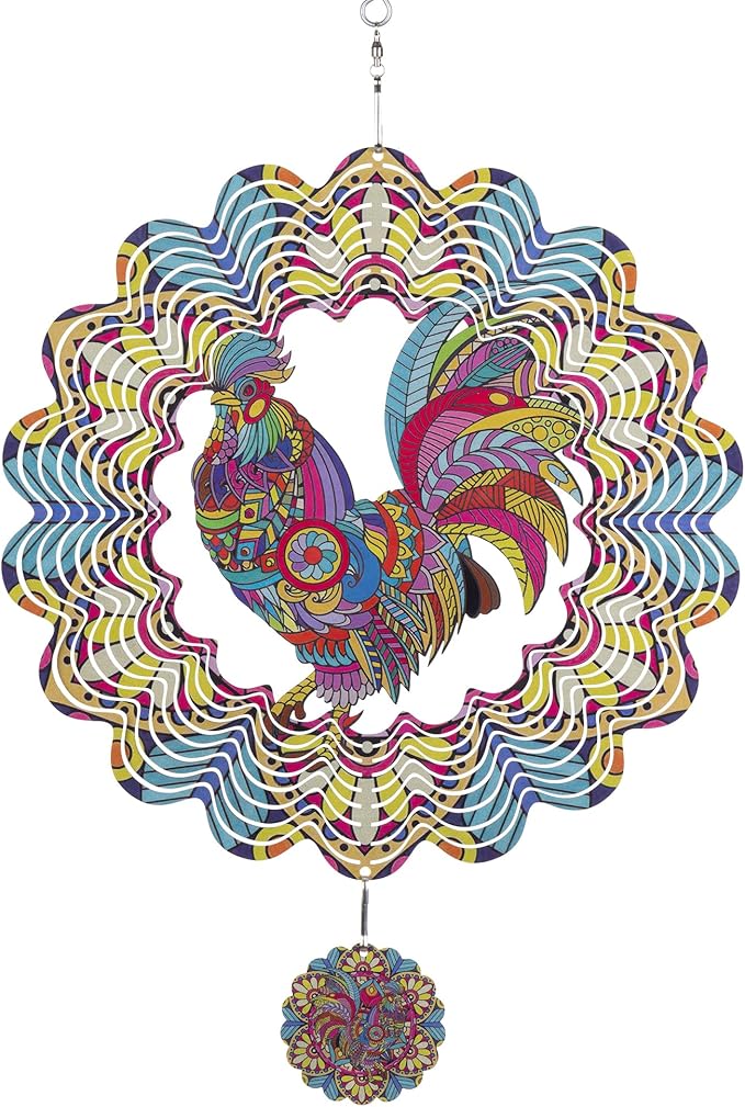 Wind Spinners Outdoor Hanging Rooster - Metal Chicken Gifts for Mom Women Grandma Men, 11.5 Inch 3D Stainless Steel Laser Cut Art Kinetic Wind Spinner for Indoor/Garden Porch Yard Decor