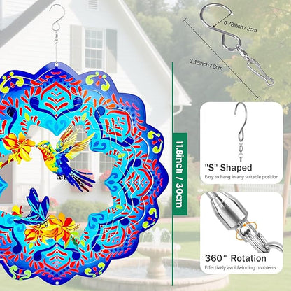 Wind Spinners 12 inch 3D Stainless Steel Laser Cut Metal Art Geometric Pattern Wind Sculpture Hanging for Garden Decorations Gifts Indoor Outdoor Blue