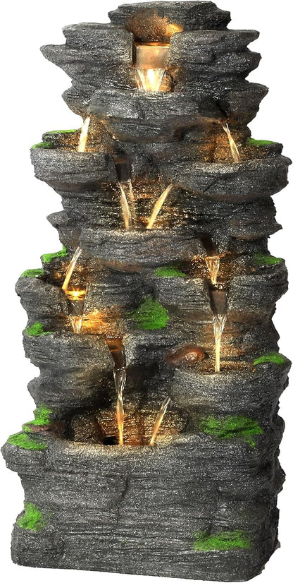Garden Waterfall Fountain Outdoor - Water Fountains and Waterfalls, Outdoor/Indoor Floor Standing Resin Water Fountain with LED Light for Patio, Garden and Backyard, Deck, Porch, Home (40" H)