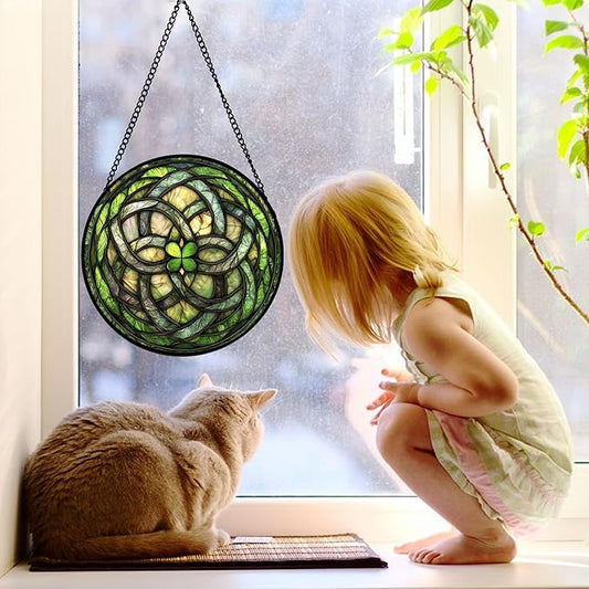 Stained Glass Window Hanging, Abstract Green Clover Sun Catchers Colorful Glass Panel Bless Suncatcher Decor for Birthday for Women, Men, Wife, Aunt, and Mom 9.8 in
