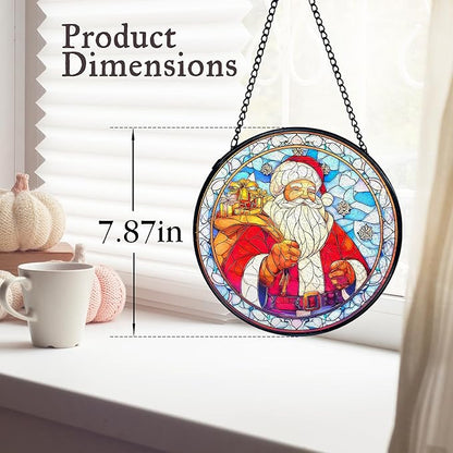 kdqua Christmas Santa Suncatcher Stained Glass Window Hanging, Winter Xmas Santa Claus Sun Catchers Indoor Window Glass Round Wall Decor, Christmas Wall Art Hanging Decorations Statues, 7.9x7.9in
