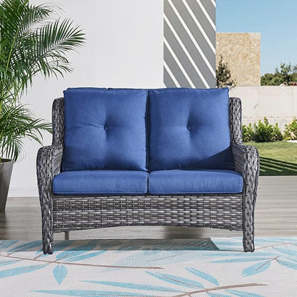 HUMMUH Outdoor Loveseat Sofa 2-Seat PE Rattan Patio Love Seat with Cushions,Deep Seat High Curved Back Armset Sectional Couch for Patio,Garden,Yard,Porch