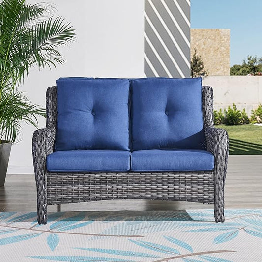 HUMMUH Outdoor Loveseat Sofa 2-Seat PE Rattan Patio Love Seat with Cushions,Deep Seat High Curved Back Armset Sectional Couch for Patio,Garden,Yard,Porch
