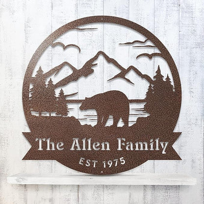 RealSteel Personalized Bear Metal Sign - Custom Outdoor Wall Art with Mountain Scene - Circular Design for Porch, Patio, Lawn & Garden Décor - Textured Silver, 30"