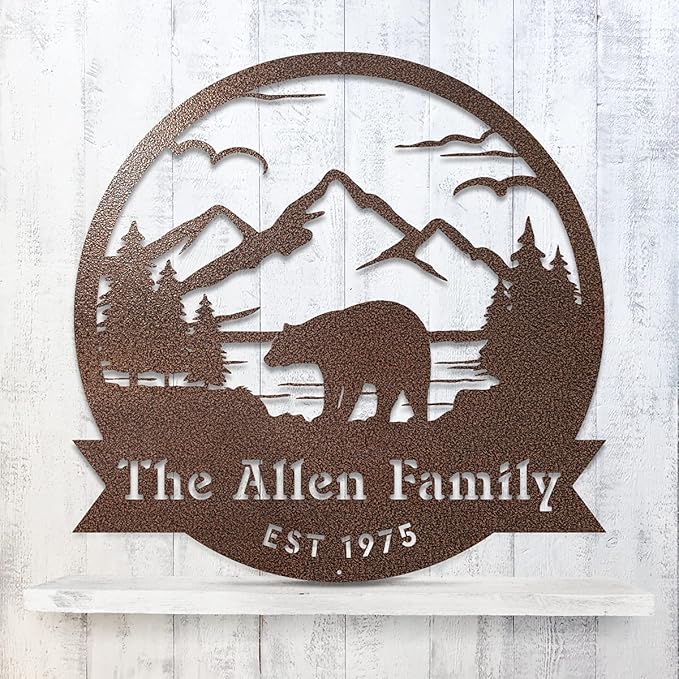 RealSteel Personalized Bear Metal Sign - Custom Outdoor Wall Art with Mountain Scene - Circular Design for Porch, Patio, Lawn & Garden Décor - Textured Silver, 36