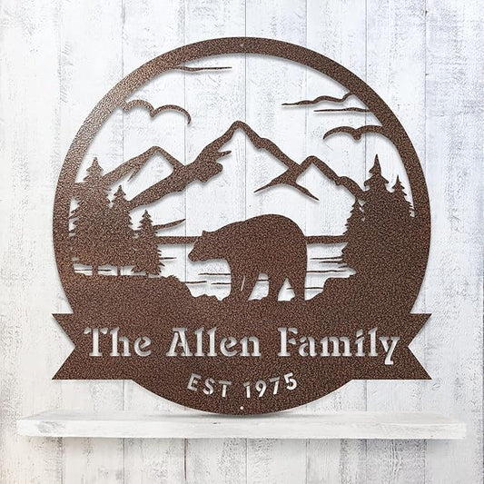 RealSteel Personalized Bear Metal Sign - Custom Outdoor Wall Art with Mountain Scene - Circular Design for Porch, Patio, Lawn & Garden Décor - Penny Vein, 18"