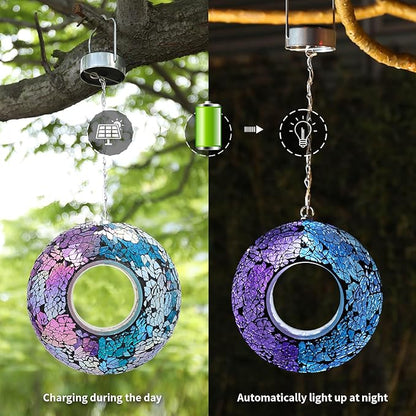 VCUTEKA Mosaic Bird Feeder Solar Fly Through Birdfeeder for Outside Hanging Round Shape Glass Container to Attract More Wild Bird Feeders for Garden Decor as Gift for Bird Lovers, 8-Inch