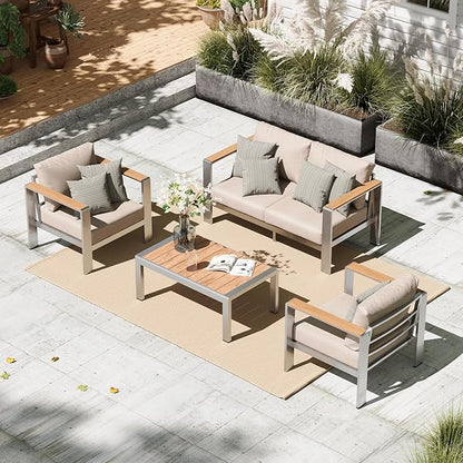 Aluminum Outdoor Patio Furniture Set with Coffee Table, 4 Piece Patio Conversation Sets with Washable Thick Cushions, Outdoor Sectional Furniture Set for Porch, Balcony, Deck, Yard, Silver