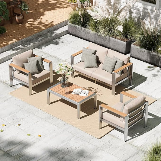 Aluminum Outdoor Patio Furniture Set with Coffee Table, 4 Piece Patio Conversation Sets with Washable Thick Cushions, Outdoor Sectional Furniture Set for Porch, Balcony, Deck, Yard, Silver