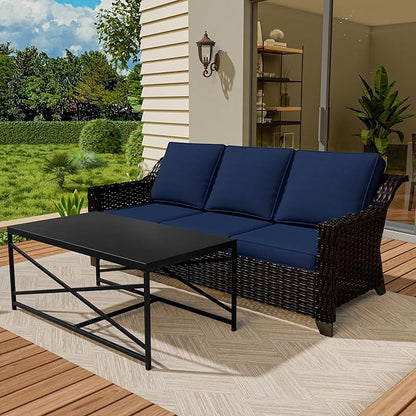 Vista Vibe 2 Pieces Outdoor Patio Conversation Furniture Set - 78" 3-seat Sofa | Metal Coffee Table, Deep Seat Loveseat, Removable Cushions, Hand-Woven PE Rattan Couch, Lawn (Brown/Navy)