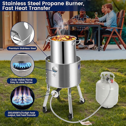 ARC 32QT Stainless Steel Stockpot with 200,000BTU Propane Burner, Seafood Boil Pot and Burner with Basket and 36 Inch Mix Spoon, Cookware for Crawfish Crab Shrimp Boil, Turkey Fryer, Tamale Steamer