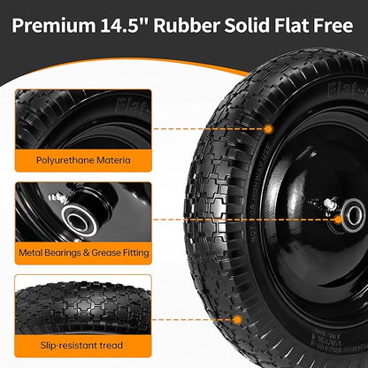 2 PCS 4.80/4.00-8 Flat Free Tire and Wheel, 14.5 Solid Wheelbarrow Tires, 5/8" 3/4" Bearings，3"-7" Centered Hub for Hand Truck, Garden Cart, Universal Fit 4.80/4.00-8, 3.50/3.00-8 4.00-6 etc