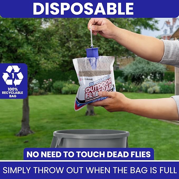Fly Traps Outdoor Fly Trap for Patio. 4 Non-Toxic Pre-Baited Flies Bags Outdoor Disposable. Hanging Bug Catchers for All Filth Flies Killer for Outside Bug Control in Yard Horse Ranch Trash Can