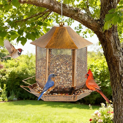 Bird Feeders for Outdoors, 3LB Capacity Metal Bird Feeder Wild Birdfeeders Outside Hanging, Vintage Bronze Rust-Resistant Birdfeeder for Garden Yard Balcony Decor, Easy Fill