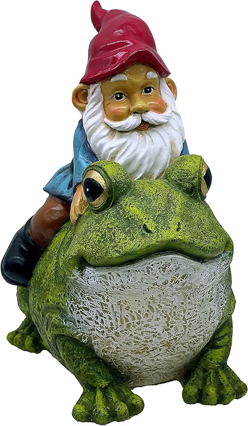 Garden Gnome Riding on Frog, Outdoor Garden Gnomes, Lawn Gnome Statue Sculpture