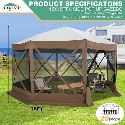 COBIZI 15x15ft Extra Large Pop-Up Gazebo Canopy Tent with Mosquito Netting, Spacious Easy Set-Up Screened Shelter, Durable Outdoor Pavilion with Ground Stakes, Perfect for Patio, Backyard, and Lawn