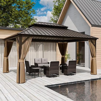 COOS BAY 12x16 Hardtop Gazebo with Aluminum Frame, Galvanized Steel Double Roof Outdoor Pavilion with Netting and Curtains, Dark Brown/Tan