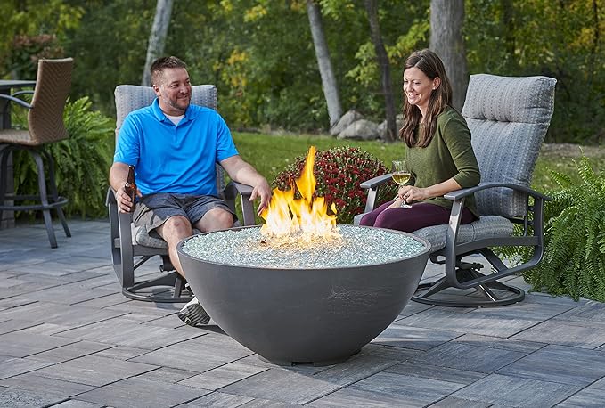 Outdoor GreatRoom Co Propane Fire Pit Table - Cove Gas Fire Pits for Outside Patio - 42 Inch Round Edge Bowl Concrete Firepit Fire Table, Glass Tabletop Cover, Tempered Clear Glass Gems, 105,000 BTU
