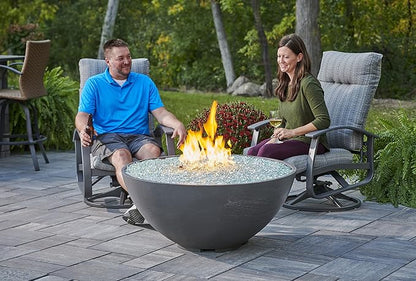 Outdoor GreatRoom Co Propane Fire Pit Table - Cove Gas Fire Pits for Outside Patio - 42 Inch Round Edge Bowl Concrete Firepit Fire Table, Glass Tabletop Cover, Tempered Clear Glass Gems, 105,000 BTU