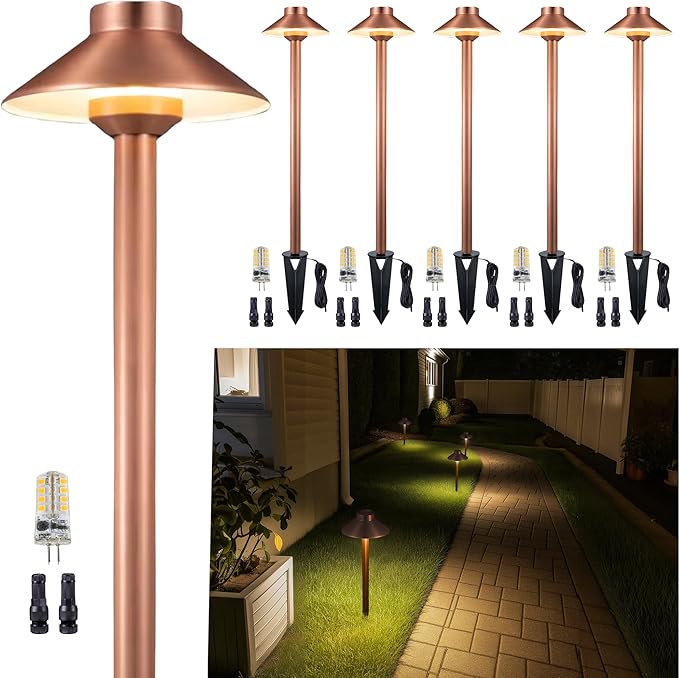 Gardenreet Low Voltage Landscape Lighting Brass, 12v Pathway Lights Waterproof, Hard Wired Path Light Outdoor, Mushroom Copper for Exterior Area Patio House with 3W 270LM 3000K G4 Bulb (6 Pack)