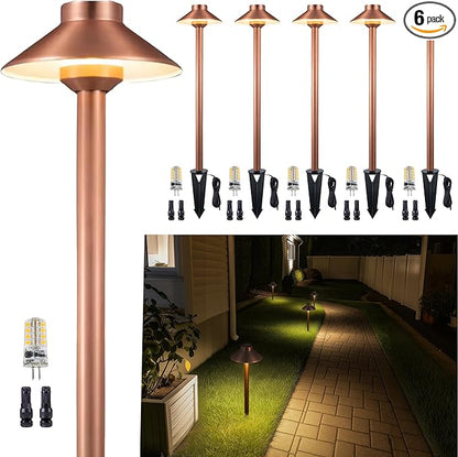 Gardenreet Brass Copper Low Voltage Pathway Lights, Waterproof Landscape Outdoor Path Light, 12V LED Bronze Hat Top Driveway Lamp for Garden Yard House with 3W 270LM 5000K G4 Bulb 6 Pack
