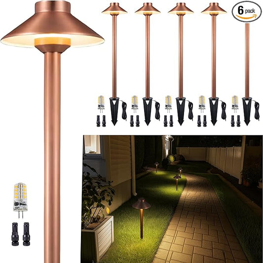 Gardenreet Brass Copper Low Voltage Pathway Lights, Waterproof Landscape Outdoor Path Light, 12V LED Bronze Hat Top Driveway Lamp for Garden Yard House with 3W 270LM 5000K G4 Bulb 6 Pack