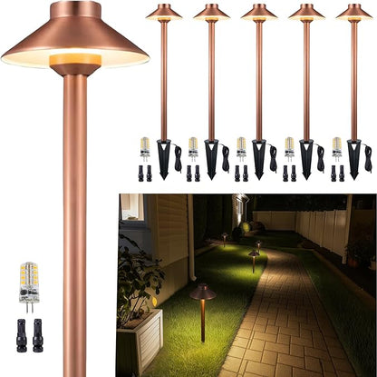 Gardenreet LED Brass Copper Landscape Path Lights(Hat), Waterproof Outdoor 12V Low Voltage for Walkway Driveway Garden Yard with Ground Stake with 3W 2700K G4 Bulb(6 Pack)