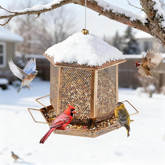 Bird Feeders for Outdoors, 3LB Capacity Metal Bird Feeder Wild Birdfeeders Outside Hanging, Vintage Bronze Rust-Resistant Birdfeeder for Garden Yard Balcony Decor, Easy Fill
