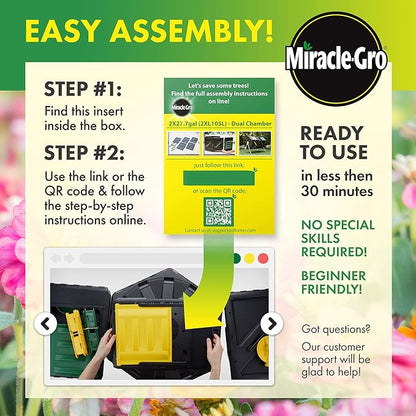 Miracle-Gro Large Dual Chamber Compost Tumbler – Easy-Turn, Fast-Working System – All-Season, Heavy-Duty, High Volume Composter with 2 Sliding Doors - (2 – 27.7gallon /105 Liter)